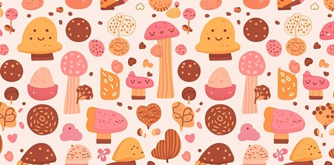 cute pattern background with mushrooms and hearts on a pink background