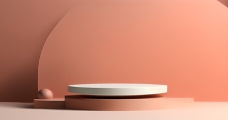 Orange cylindrical pedestal podium. Embossed ring shape with pastel color backdrop. Mock up renders 3d shapes. Cosmetic product display presentation. Minimal wall scene.