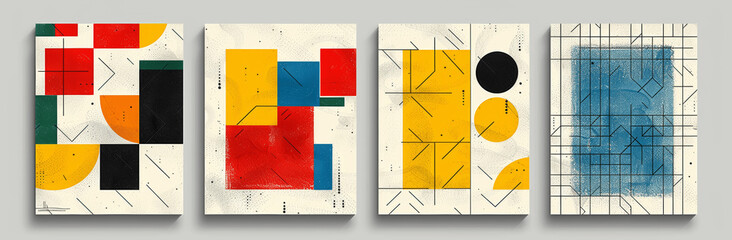 Bauhaus geometric patterns with circles triangles squares lines in bright yellow blue red green colors on white background vector abstract art set