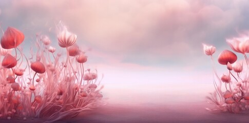 dream background with pink and red flowers and a white flower in the foreground, set against a blue sky with clouds