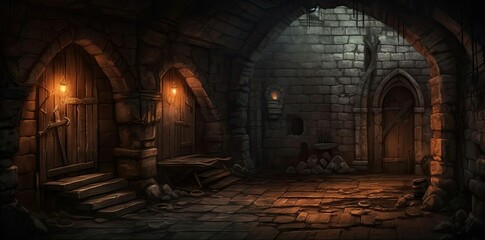 dungeon background of a dark fantasy castle featuring a wooden door