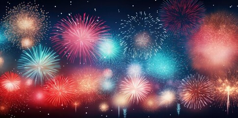 Naklejka premium fireworks transparent background with red, blue, green, and white fireworks in the sky