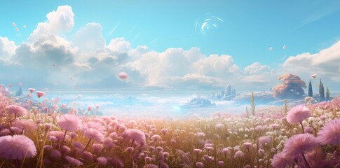 happy background with pink flowers and blue sky with white clouds