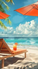 Beach scene with lounge chair, tropical drink and orange umbrellas, summer vacation concept