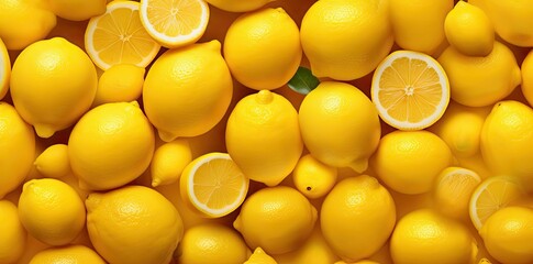 lemon background with a lot of yellow lemons and a green leaf