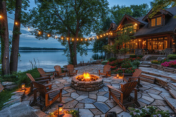 Lakefront Stone Fire Pit with Chairs and String Lights in Rustic Outdoor Patio Design on Lake Minnetonka