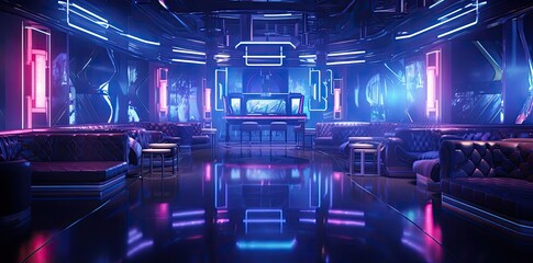 nightclub background with blue chairs and a shiny floor, featuring a television