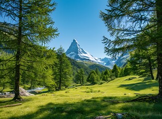 Beautiful green valley with trees and the Matterhorn mountain in the background, clear blue sky