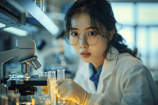 Young Asian Female Scientist Using Microscope in Laboratory Investigating Chemical Reactions with Glassware and Rising Vapor