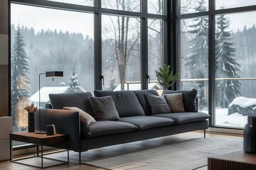 cozy modern living room interior with charcoal gray sofa and sideboard panoramic window view