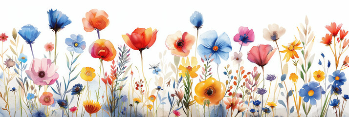 Watercolor Wildflowers Field Border Design with Colorful Meadow Flowers on White Background, Perfect for Spring Themes and Artistic Illustrations