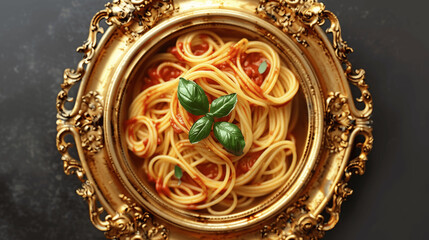 Spaghetti with Tomato Sauce and Basil, Delicious Italian Pasta Top Down on Dark Wood Background, Easy Rustic Cooking, Generative AI Concept, Flat Lay