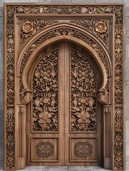 Intricate wooden door adorned with detailed floral and geometric patterns, highlighting exceptional luxury craftsmanship.