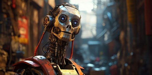 robot background in the city a building stands tall in the foreground