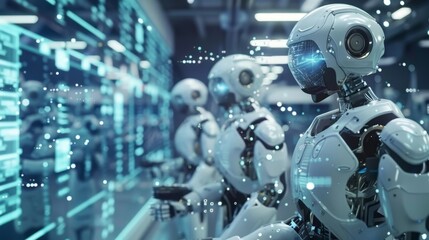 Fototapeta premium In a manufacturing plant large robots equipped with 5G capabilities are able to communicate with each other in real time making adjustments and coordinating tasks for seamless production.