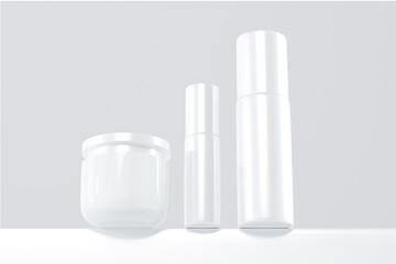 3D Rendering Mockup of Isolated White Cosmetic Bottles and Containers on a White Background