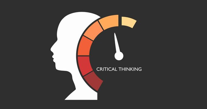 The critical thinking level measuring device icon. Sign of speedometer or indicator. Head of man silhouette. Problem solving, creative, thinking, reasoning, analyzing, decision making and solution.