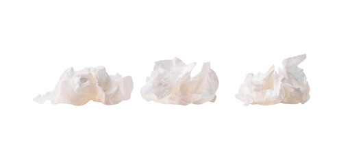 Front view set of screwed or crumpled tissue paper balls after use in toilet or restroom isolated with clipping path in png file format