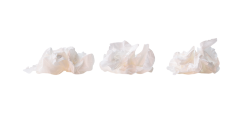Front view set of screwed or crumpled tissue paper balls after use in toilet or restroom isolated with clipping path in png file format