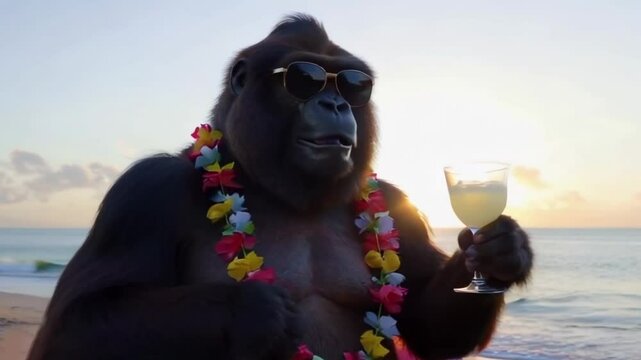 A funny gorilla with sunglasses and hawaiian lei drinking a cocktail at the beach, tropical island like hawaii vacation and travel concept, summer sunset