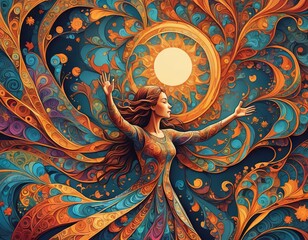 An illustration of a woman with sun and swirling orange and blue pattern. 