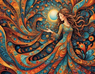 An illustration of a woman with moon and swirling orange and blue pattern. 