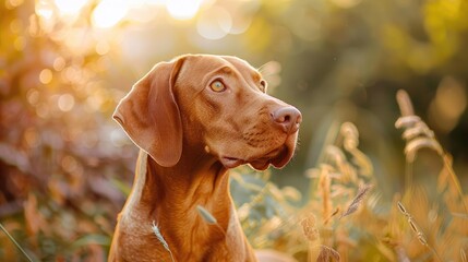 Hungarian Vizsla dog portrait in garden looking aside