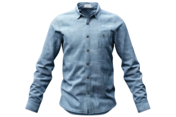 A stylish blue button-down denim shirt on a white background, perfect for casual and semi-formal occasions. Comfortable and versatile.