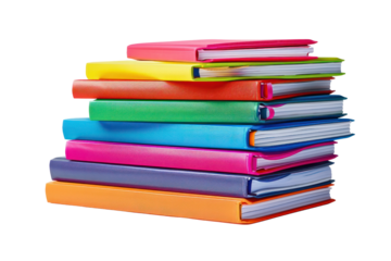 A colorful stack of hardcover books isolated on a white background. Ideal for educational or organizational themes and presentations.
