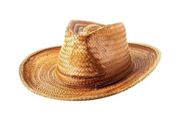 Close-up of a traditional woven straw hat, isolated on white background, showcasing rustic craftsmanship and casual, sun protection wear.