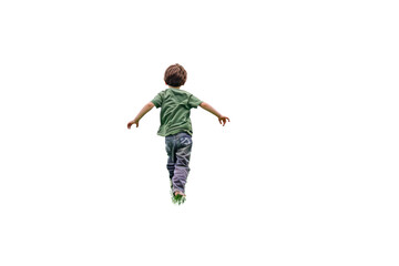 A young child joyfully runs with arms outstretched, showcasing the freedom and happiness of childhood on a clear, background-free day.