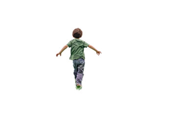 A young child joyfully runs with arms outstretched, showcasing the freedom and happiness of childhood on a clear, background-free day.