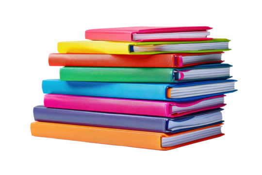 A colorful stack of hardcover books isolated on a white background. Ideal for educational or organizational themes and presentations.