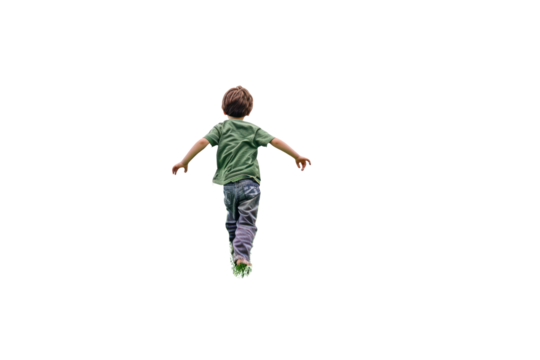 A young child joyfully runs with arms outstretched, showcasing the freedom and happiness of childhood on a clear, background-free day.
