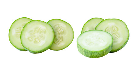 Top view set of green cucumber slices in stack isolated with clipping path in png file format