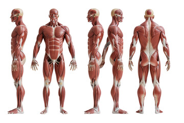 Detailed anatomical model showcasing the human muscular system from multiple angles. Ideal for educational and medical resources.