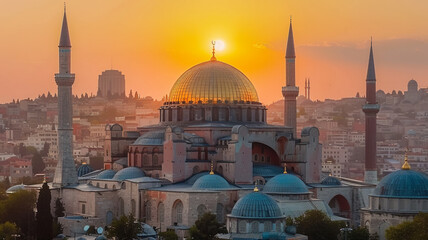 Naklejka premium Blue Mosque at sunset in Istanbul, AI Generative