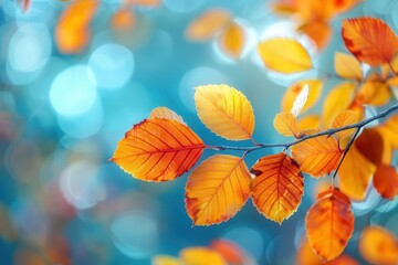 The vibrant autumn leaves on a tree swayed gently in the breeze, painting a picturesque scene against the cloudy sky above.