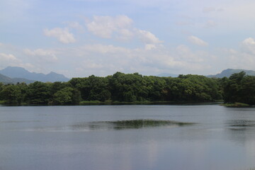 Mountain landscape, picturesque mountain lake in the summer morning, Beauty of nature concept background. lake and mountain on background in the morning time. natural landscape