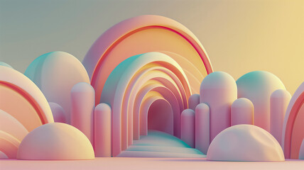 A digital art piece featuring a series of pastel-colored arches creating a tunnel effect. The image is set against a soft gradient background, with rounded shapes adding to the surreal, dreamy atmosph
