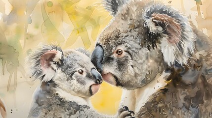 Naklejka premium Koala and her baby watercolor painting. 