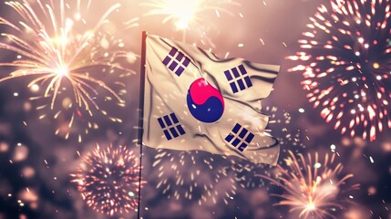 South Korean flag waving proudly against a vibrant firework display. Perfect for celebrating Independence Day, national holidays, or patriotic occasions.