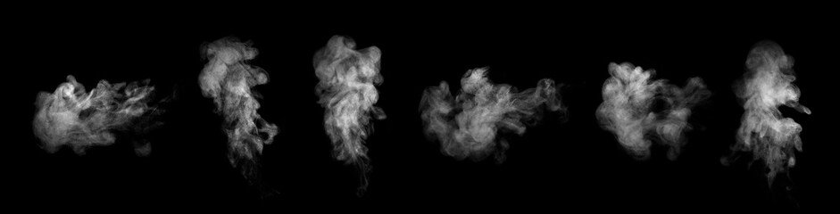 Collection of close-up shots of abstract white steam or smoke. White cloudiness from moisture spray Isolated on a black background.