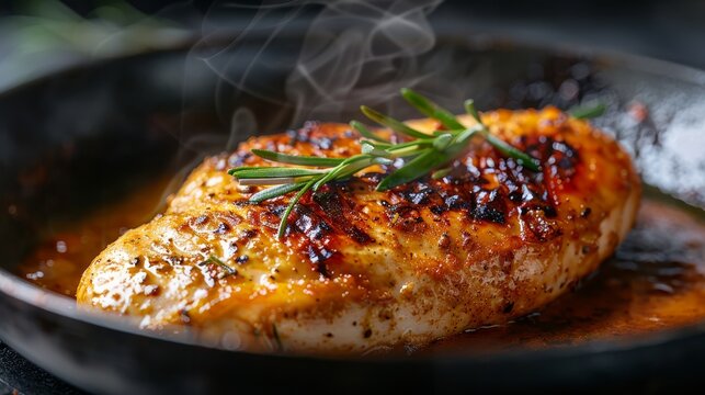 Grilled Chicken Breast with Rosemary in a Cast Iron Pan, Smoky and Juicy