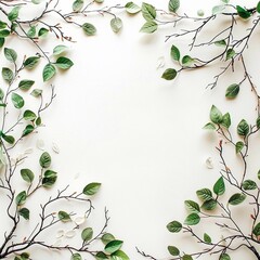 Fototapeta premium Frame of branches and leaves on a white background.