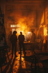 Obraz premium Artists in an Industrial Studio with Warm Atmospheric Lighting
