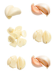 Top view set of peeled and unpeeled garlic cloves with pounded garlic and slices isolated on white background with clipping path