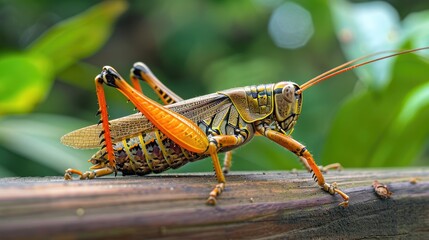 Large grasshopper on wooden railing with side view in macro photography