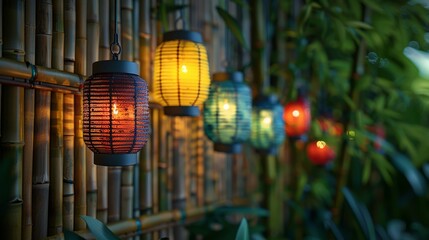 Obraz premium Colorful Lanterns Adorn a Bamboo Fence in a Serene Garden Setting