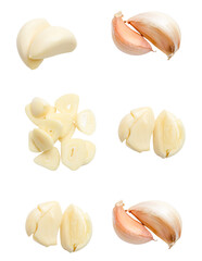 Top view set of fresh pounded garlic cloves and slices in stack isolated with clipping path in png file format